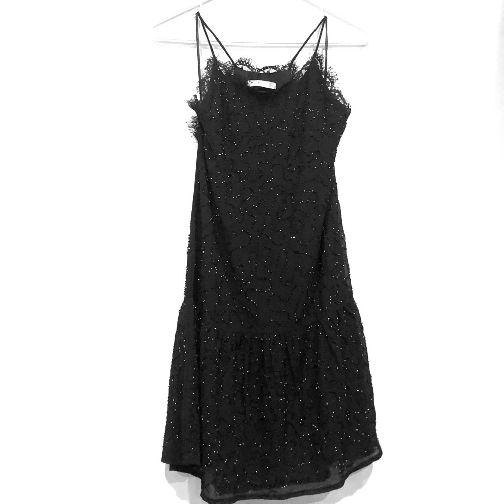 Sequin/beaded lace midi black cocktail dress